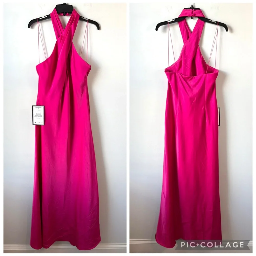 Adrianna Papell Stretch Satin Halter Gown Hot‎ Pink 10